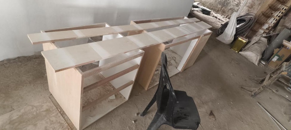 Cabinet carcasses being built in the workshop